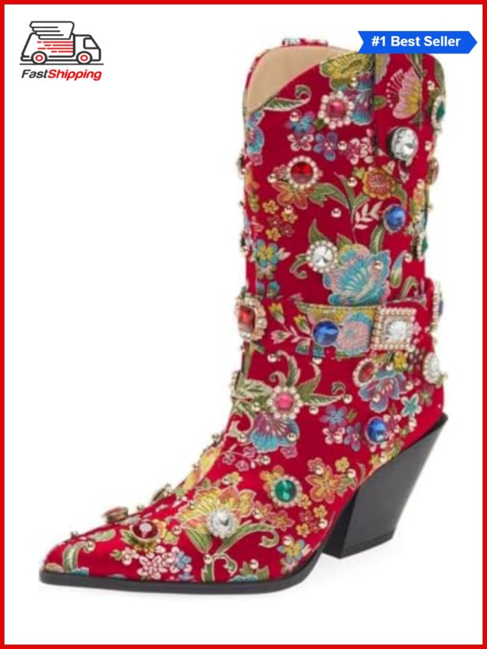 ✨Western Cowboy Boots Leather Flower Embroidered Rhinestone Mid Calf Pointed